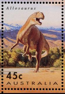 Australia-1993-Prehistoric-Animals-45-cent-Multi-P14-5-x-14-Allosaurus-sp-SG1426