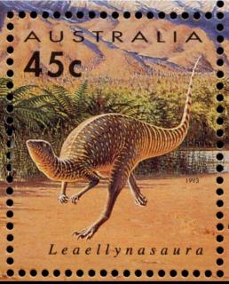 Australia-1993-Prehistoric-Animals-45-cent-Multi-P14-5-x-14-Leaellynausaura-amicagraphica-SG1424