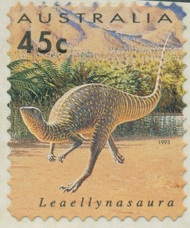 Australia-1993-Prehistoric-Animals-45-cent-Multi-PDie-Cut-Simulated-perfs-11-35-Leaellynausaura-amicagraphica-SG1424B