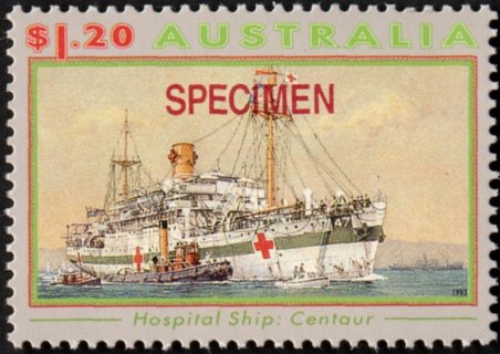 Australia-1993-Second-World-War-Naval-Vessels-1-2-dollar-Multi-P14-x-14-5-Centaur-hospital-ship-and-tug-SPECIMEN-SG1400S