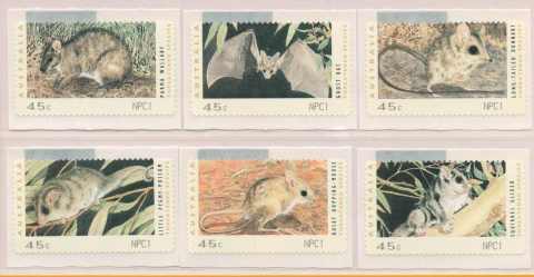 Australia-1993-Threatened-Species-Counter-printed-stamps-Melbourne-6-x-45-cent-Multi-PDie-cut-11-35-Block-of-6-More-than-one-printing