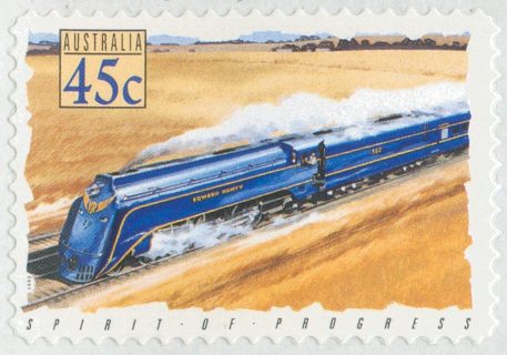 Australia-1993-Trains-45-cent-Multi-PDie-Cut-Simulated-perfs-11-7-Trains-self-adhesive-Australia-Historical-Machinery-Spirit-of-Progress-SG1412