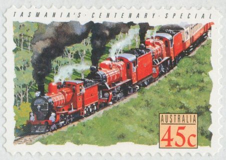 Australia-1993-Trains-45-cent-Multi-PDie-Cut-Simulated-perfs-11-7-Trains-self-adhesive-Australia-Historical-Machinery-Tasmanias-Centenary-Special-SG1411