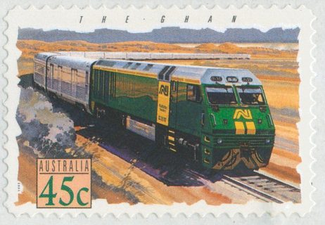 Australia-1993-Trains-45-cent-Multi-PDie-Cut-Simulated-perfs-11-7-Trains-self-adhesive-Australia-Historical-Machinery-The-Ghan-SG1416