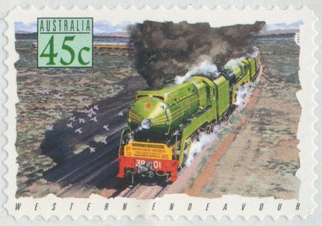 Australia-1993-Trains-45-cent-Multi-PDie-Cut-Simulated-perfs-11-7-Trains-self-adhesive-Australia-Historical-Machinery-Western-Endeavour-SG1413