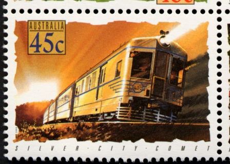 Australia-1993-Trains-6-x-45-cent-Multi-P13-85-x-14-60-Strip-6-sheet-stamps-SG