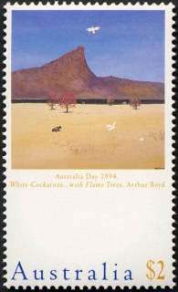 Australia-1994-Australia-Day-Landscape-Paintings-2-dollar-Multi-P14-x-14-5-White-Cockatoos-with-Flame-Trees-artist-Arthur-Boyd-SG1438