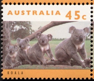 Australia-1994-Australian-Wildlife-Series-Two-45-cent-Multi-P14-x-14-5-Family-of-Koala-Phascolarctos-cinereus-on-Branch-pale-orange-inscription-SG1456