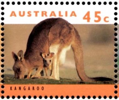 Australia-1994-Australian-Wildlife-Series-Two-45-cent-Multi-P14-x-14-5-Female-Kangaroo-with-young-pale-orange-inscription-SG1454