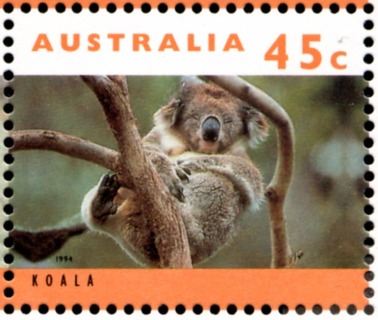 Australia-1994-Australian-Wildlife-Series-Two-45-cent-Multi-P14-x-14-5-Koala-Phascolarctos-cinereus-asleep-in-tree-orange-brown-inscription-SG1458b