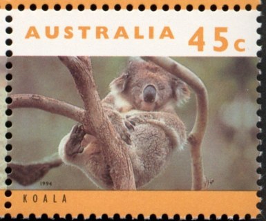 Australia-1994-Australian-Wildlife-Series-Two-45-cent-Multi-P14-x-14-5-Koala-Phascolarctos-cinereus-asleep-in-tree-pale-orange-inscription-SG1458