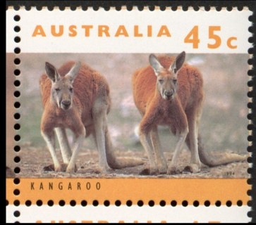 Australia-1994-Australian-Wildlife-Series-Two-45-cent-Multi-P14-x-14-5-Two-Kangaroos-pale-orange-inscription-SG1455