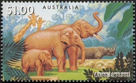 Australia-1994-Australian-Zoos-Endangered-Species-1-dollar-Multi-P14-5-x-14-Asian-Elephants-animal