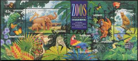 Australia-1994-Australian-Zoos-Endangered-Species-45-cent-Multi-P14-5-x-14-Mini-sheet-SGMS1484