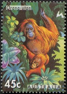 Australia-1994-Australian-Zoos-Endangered-Species-45-cent-Multi-P14-5-x-14-Orang-Utan-animal