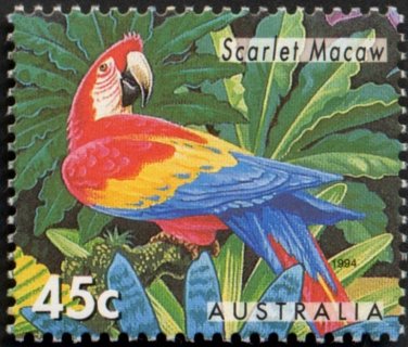 Australia-1994-Australian-Zoos-Endangered-Species-45-cent-Multi-P14-x-14-5-Scarlet-macaw-bird