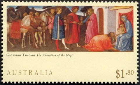 Australia-1994-Christmas-with-detail-and-canvas-of-The-Adoration-of-the-Magi-artist-Giovanni-Toscani-1-8-dollar-Multi-P14-5-x-14-Complete-painting-SG1490