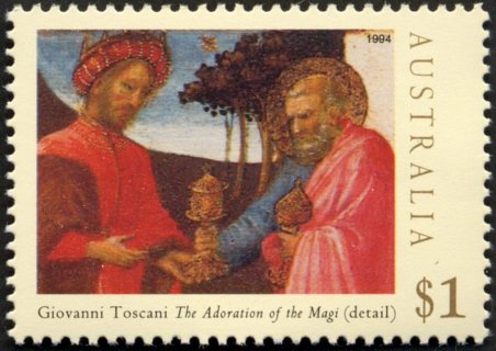 Australia-1994-Christmas-with-detail-and-canvas-of-The-Adoration-of-the-Magi-artist-Giovanni-Toscani-1-dollar-Multi-P14-x-14-5-Wise-Man-and-St-Joseph-detail-SG1489