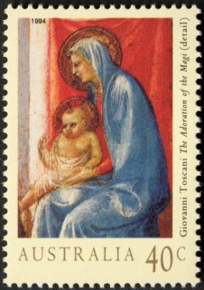 Australia-1994-Christmas-with-detail-and-canvas-of-The-Adoration-of-the-Magi-artist-Giovanni-Toscani-40-cent-Multi-P14-5-x-14-Madonna-and-Child-detail-SG1487