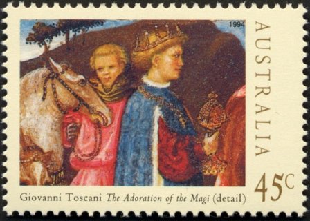 Australia-1994-Christmas-with-detail-and-canvas-of-The-Adoration-of-the-Magi-artist-Giovanni-Toscani-45-cent-Multi-P14-x-14-5-Wise-Man-and-Horse-detail-SG1488