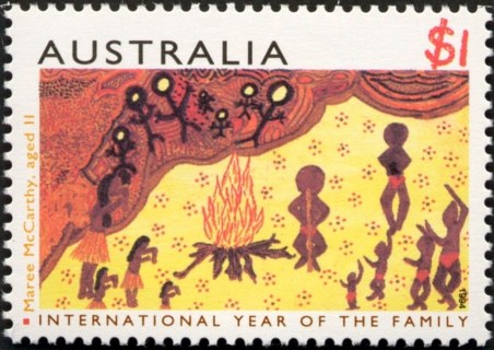 Australia-1994-International-Year-of-the-Family-Childrens-Paintings-1-dollar-Multi-P14-50-Family-around-Fire-artist-Maree-McCarthy-SG1452