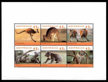 Australia-1994-Koala-and-Kangaroo-definitives-10-x-45-cent-Multi-P11-50-Sheetlet-overprinted-Philakorea-1994-Kangaroos-Emus-SG1459aMS