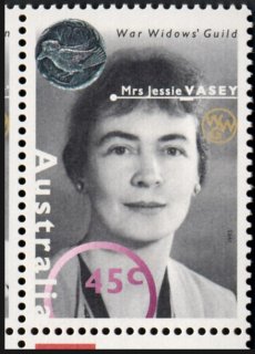 Australia-1995-Australia-Second-World-War-Heroes-Series-One-45-cent-Multi-P14-5-x-14-Mrs-Jessie-Vasey-and-War-Widows-Guild-Badge-SG1522