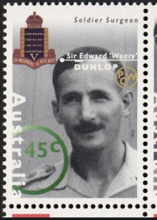 Australia-1995-Australia-Second-World-War-Heroes-Series-One-45-cent-Multi-P14-5-x-14-Sir-Edward-Weary-Dunlop-and-POW-Association-badge-SG1521