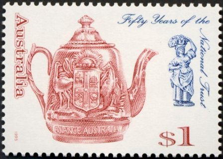 Australia-1995-Australian-National-Trusts-anniversary-53-1-dollar-Brownish-red-and-royal-blue-P14-x-14-5-Advance-Australia-teapot-and-parian-ware-statuette