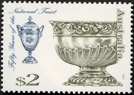 Australia-1995-Australian-National-Trusts-anniversary-54-2-dollar-Blackish-olive-and-royal-blue-P14-x-14-5-Silver-bowl-and-china-urn