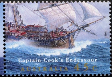 Australia-1995-Completion-of-Replica-of-ship-Endeavour-45-cent-Multi-P14-x-14-5-Replica-of-Endeavour-Captain-James-Cook-at-sea-Brett-painting-SG1511