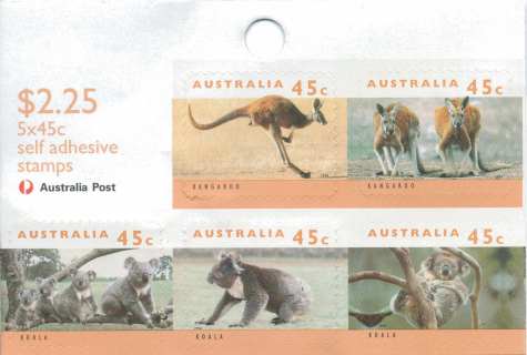 Australia-1995-Koala-and-Kangaroo-definitives-5-x-45-cent-Multi-P11-30-Stamps-3122