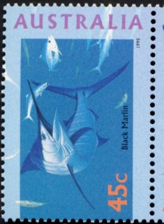 Australia-1995-Marine-Life-45-cent-Multi-P14-x-14-5-Sea-marine-life-creatures-shark-fish-turtle-coral-black-marlin