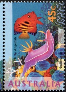 Australia-1995-Marine-Life-45-cent-Multi-P14-x-14-5-Sea-marine-life-creatures-shark-fish-turtle-coral-flame-angel-fish-and-nudibranch-Centropyge-loriculus-SG1557