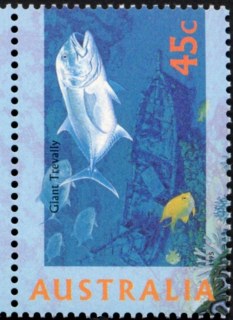 Australia-1995-Marine-Life-45-cent-Multi-P14-x-14-5-Sea-marine-life-creatures-shark-fish-turtle-coral-giant-trevally