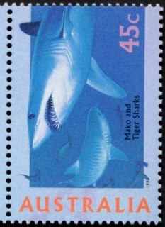 Australia-1995-Marine-Life-45-cent-Multi-P14-x-14-5-Sea-marine-life-creatures-shark-fish-turtle-coral-mako-and-tiger-shark