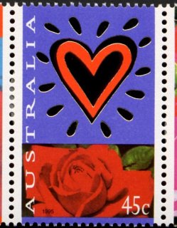 Australia-1995-St-Valentines-Day-45-cent-Multi-P14-5-x-14-Gold-and-Red-Heart-and-Rose-SG1508