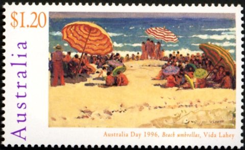 Australia-1996-Australia-Day-Paintings-1-2-dollar-Multi-P14-5-x-14-Beach-Umbrellas-artist-Vida-Lahey-SG1576