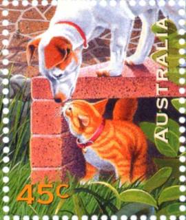 Australia-1996-Australian-Pets-45-cent-Multi-P14-5-x-14-Dog-and-cat-SG1649