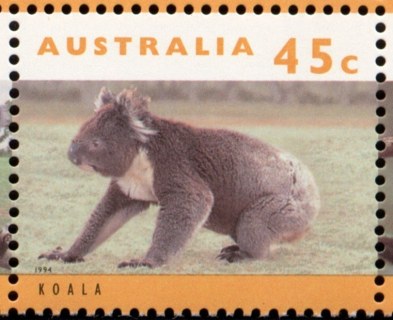 Australia-1996-Australian-Wildlife-Series-Two-45-cent-Multi-P14-x-14-5-Koala-Phascolarctos-cinereus-on-Ground-orange-brown-inscription-SG1457b