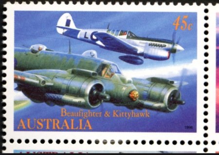 Australia-1996-Military-aviation-45-cent-Multi-P14-x-14-5-Bristol-type-156-Beaufighter-and-Curtis-P-40E-Kittyhawk-I-aircraft-SG1578