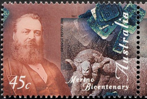 Australia-1997-Bicentenary-of-Arrival-of-Merino-sheep-in-Australia-45-cent-Multi-P14-5-x-14-George-Peppin-Jnr-breeder-and-Merino-sheep-SG1702