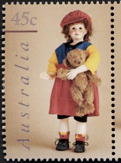 Australia-1997-Dolls-and-Teddy-Bears-45-cent-Multi-P14-5-x-14-Doll-holding-Teddy-Bear-Kaye-Wiggs