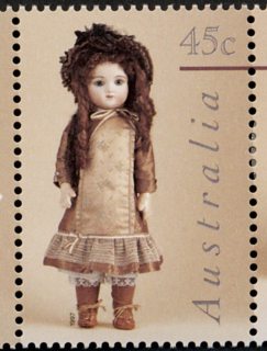 Australia-1997-Dolls-and-Teddy-Bears-45-cent-Multi-P14-5-x-14-Doll-in-brown-dress-and-bonnet-Lynda-Jacobson-Celeste-SG1696