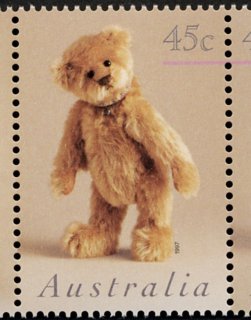 Australia-1997-Dolls-and-Teddy-Bears-5-x-45-cent-Multi-P14-5-x-14-Teddy-bear-standing-Jennifer-Laing-Woody-SG1694