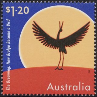 Australia-1997-The-Dreaming-Cartoons-from-aboriginal-legends-1-2-dollar-Multi-P14-50-How-Brolga-became-a-Bird-by-Pauline-McLeod-SG1706