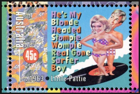 Australia-1998-Australian-Rock-and-Roll-45-cent-Multi-P14-x-14-5-Little-Pattie-Hes-My-Blonde-Headed-Stompie-Wompie-Real-Gone-Surfer-Boy-