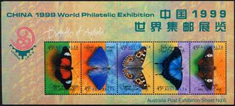 Australia-1998-Butterflies-5-x-45-cent-Multi-P14-5-x-14-Normal-Strip-lacks-upper-overprint-SG1810a