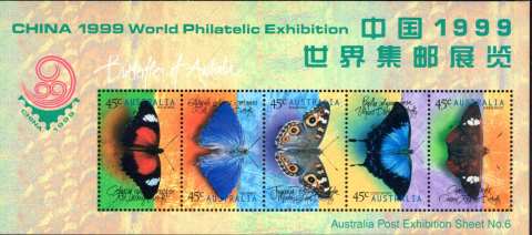 Australia-1998-Butterflies-5-x-45-cent-Multi-P14-5-x-15-China-1999-World-Philatelic-Exhibition-SGMS1815a