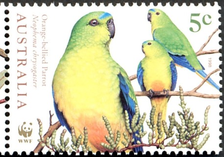 Australia-1998-Endangered-Species-Birds-5-cent-Multi-P14-x-14-5-Orange-bellied-Parrot